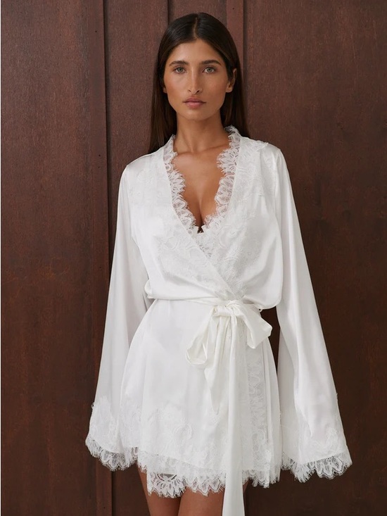 Kat The Label Other - Lace-Trim Satin Wrap Robe in White - Women Intimates & Sleepwear
